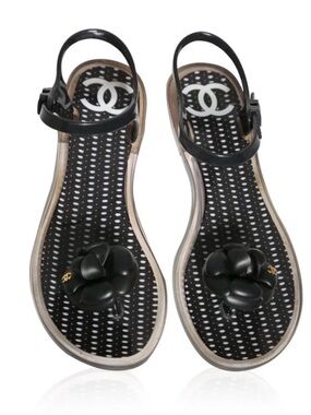 CHANEL Black Camellia Jelly Thong Sandals - Women